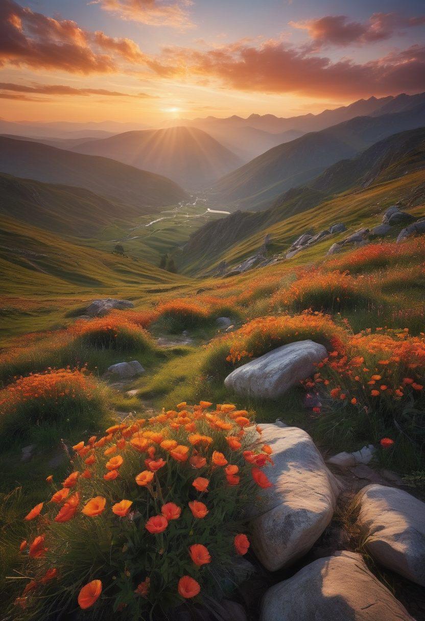 A breathtaking landscape featuring a photographer capturing the golden hour light, surrounded by inspiring nature, such as mountains and blooming flowers, with a camera in hand and a thoughtful expression. The scene is infused with creative energy, showcasing vibrant colors reflecting off the clouds, while small hints of photography tips can be subtly incorporated into the environment, like text on rocks. super-realistic. vibrant colors. dreamy atmosphere.