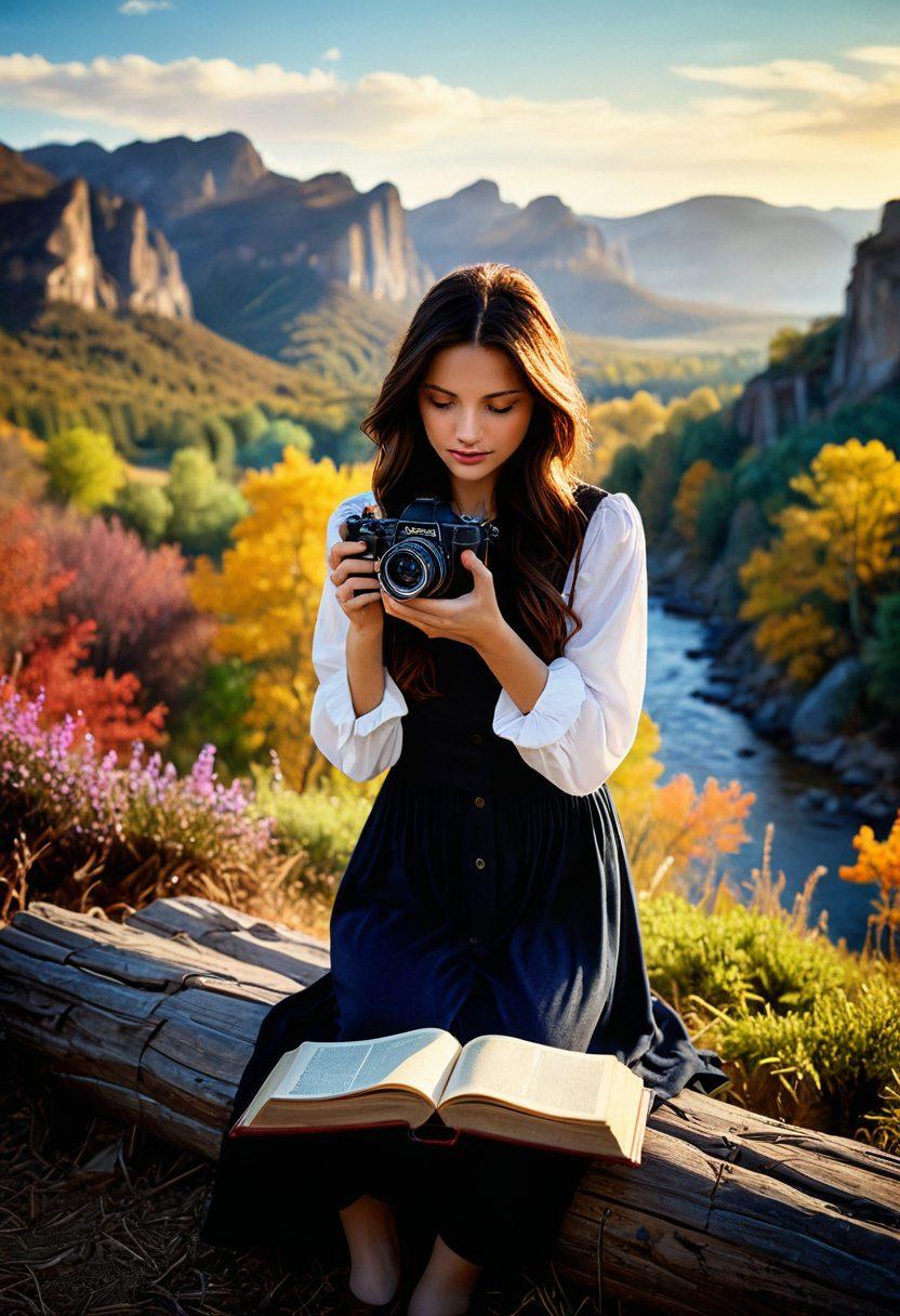 An enchanting scene depicting a diverse group of photographers capturing stunning visuals in a vibrant outdoor setting, with colorful landscapes and dynamic lighting. Elements of storytelling, such as an open book or vintage camera, are interspersed throughout the composition. In the foreground, a photographer is holding a camera, focused passionately on capturing a moment. The atmosphere is lively and inspiring, inviting the viewer into the world of creativity. super-realistic. vibrant colors. outdoor setting.