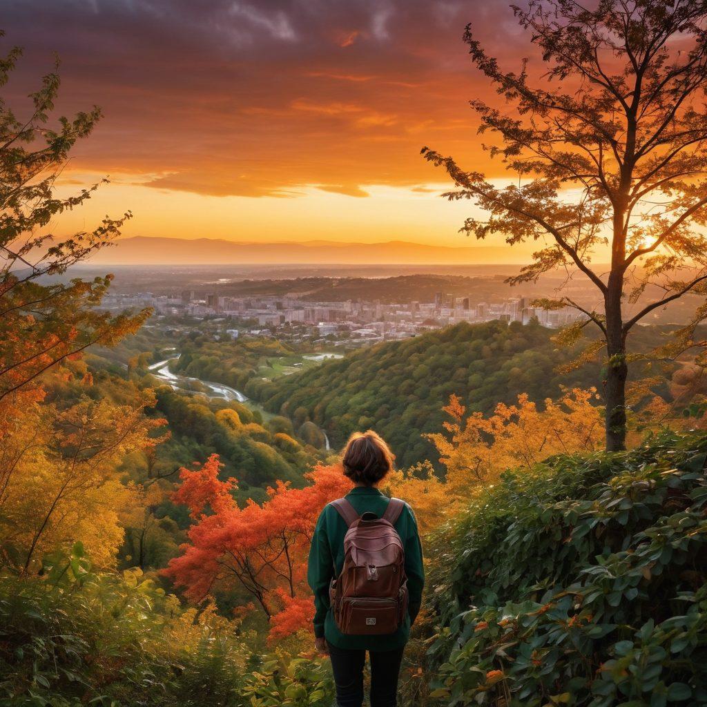A captivating scene of a novice photographer surrounded by stunning landscapes; a camera in hand, capturing the beauty of vibrant sunsets, lush forests, and bustling cityscapes. Include a soft glow around the photographer to symbolize growth and potential, with a backdrop of inspirational quotes about photography. super-realistic. vibrant colors. warm tones.